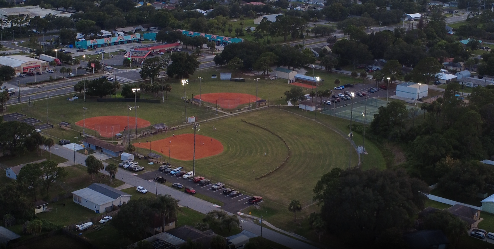 Aerial view of baseball fields at dusk